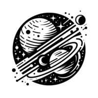 Stylized black and white illustration of two planets, one with rings, within a cosmic orb, stars and celestial elements. vector