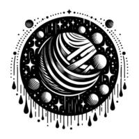 Black and White Celestial A Cosmic Mandala Depicting Planets, Stars, and an Intricate Lined Crescent on White Background. vector
