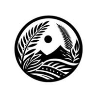 A monochrome circular featuring mountains, leaves, a sunlike circle, and stylized landscapes within a black and white composition. vector