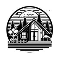 Black and White Circular Illustration of a Modern Cabin Surrounded by Pine Trees, Featuring a Fence, and a Night Sky. vector