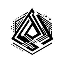 Abstract geometric composition featuring layered black and white lines and shapes, forming a Dlike structure with dot elements on a white background. vector