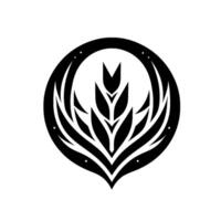 Bold, symmetrical black and white illustration of stylized wheat or plant within a circular border, minimalist . vector