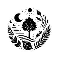 Symbolic black and white illustration of a tree, moons, sun, and foliage arranged in a circular , representing natures balance. vector