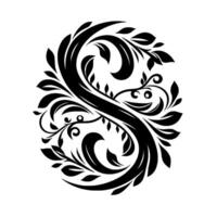 Symmetrical Black and White Floral Ornament with Leaves and Swirls, Decorative on White Background. vector