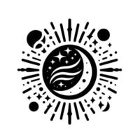 Celestial Black and White Featuring Moon, Stars, Planets, and Sunburst Elements, Creating a Cosmic Illustration. vector