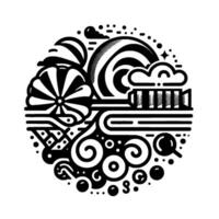 Stylized Black and White Composition Floral and Geometric Elements Enclosed Within a Circular Frame, Abstract . vector