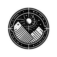 Minimalist Black and White Illustration of a Mountain Landscape Under a Solar Flare, Contained Within a Circular Frame with Stars, Birds, and Abstract Lines vector