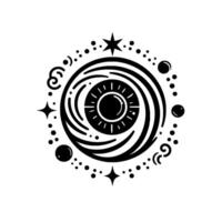 Intricate Celestial Eye A Black and White Minimalist Illustration of a Cosmic Solar System, Encircled by Stars and Orbs. vector