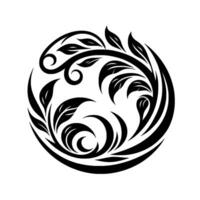 Elegant Black White Floral Crest Stylized Leaves and Swirls Form a Symmetrical, Circular Ornament Against a Clean Background. vector