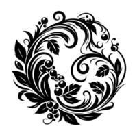Intricate Black and White Floral Ornament A Circular, BaroqueInspired Featuring Leaves, Berries, and Elegant Swirls on a White Background. vector