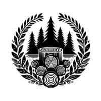 Stylized black and white forest emblem with pine trees, tree stumps, and a laurel wreath border. vector