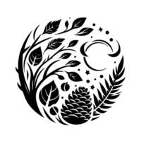 A monochrome circular illustration featuring a tree branch, pinecone, ferns, crescent moons, and stars, symbolizing natures elements and celestial harmony. vector