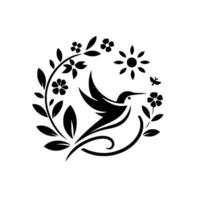 A stylized, monochrome of a hummingbird in flight, encircled by floral and botanical elements. vector