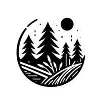 Silhouette of a pine forest scene inside a circle with rolling hills, moon, raindrops, and stars, conveying a calm, natural ambiance in a minimalist style. vector
