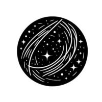 A stylized, minimalist celestial illustration featuring a black sphere filled with white comet trails, stars and dots. vector