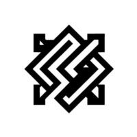 Geometric, angular, symmetrical black and white of an intricate starlike interwoven maze on a clean white backdrop. vector