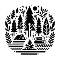 Intricate black and white camping scene illustration within a circle, featuring trees, campfire, tent, and foliage. vector