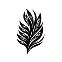 A stylized, symmetrical illustration of a single, elegant plant form, rendered in bold black against a pristine white backdrop, showcasing intricate linework and a minimalist aesthetic. vector