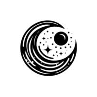 A monochrome celestial a crescent encompassing stars and a dark sphere with a crescent, evoking cosmic harmony within a circular composition. vector