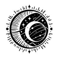 Celestial Black and White Illustration Crescent moon, starry night, planetary sphere, and radial within a circular frame. vector
