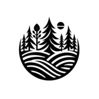 A minimalist circular illustration of a forest landscape with rolling hills, trees, and a sun in a clean black and white . vector