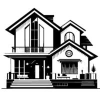 Elegant Black and White Illustration of a Modern TwoStory House with a Balcony, Porch, and Ornate Windows. vector