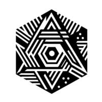 Geometric Hexagon with a complex, symmetrical black and white linear pattern, featuring interlocking shapes, angles, and a central hexagonal . vector