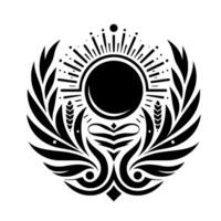 A symmetrical, blackandwhite, circular featuring sunlike radiance, leafy elements, and a central diamond on a white background. vector