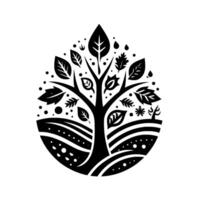 Stylized, monochromatic illustration of a tree within a dropletshaped frame, featuring diverse leaf designs and a rolling landscape. vector