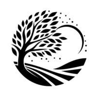 Stylized black and white illustration of a tree with leaves and curved landscape within a circle, simple but serene composition. vector