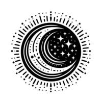 Circular minimalist art of a crescent moon with radiating bursts, surrounded by stars on a black and white backdrop. vector