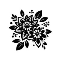 A symmetrical monochrome floral featuring two large stylized flowers, surrounded by leaves and berries, in a decorative style against a white background. vector