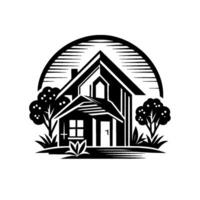 Stylized Black and White Illustration of a House with Trees, Shrubs, and a Decorative Arch, Evoking Serenity and Simplicity. vector