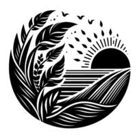 Stylized Black and White Circular Sunset over a Field with Lush Foliage, Birds, and Abstract Elements. vector