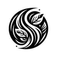 YinYang inspired emblem of organic harmony, featuring leaves intertwined within a flowing, stylized black and white , set against a pristine white background. vector