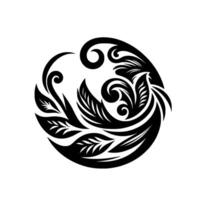 An elegant, symmetrical black and white of stylized foliage and flowing lines, arranged in a circular composition. vector