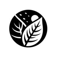 Minimalist black and white circular featuring a stylized leaf, sun, and bare tree branches, evoking nature. vector