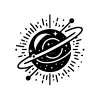 Black and white minimalist cosmic illustration of a planet with an orbiting ring, star details, and radiating energy lines, set against a clean white backdrop. vector