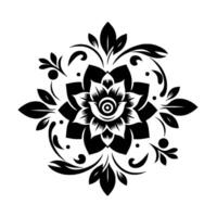 Symmetrical black and white floral mandala with intricate detailing, leaves, and a central eyelike motif on a white background, evoking elegance. vector