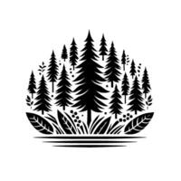 A stylized black and white illustrating a dense forest scene with pine trees, bushes, and a simple lake outline. vector