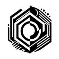 Abstract geometric emblem featuring a contrasting halfmoon element, a central circle bisected and other geometric shapes in monochrome, creating a modern, balanced composition. vector