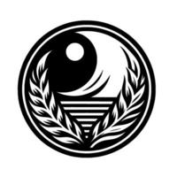Black and white circular featuring a stylized Yin Yang symbol integrated with laurel leaves and a geometric triangle, embodying balance and harmony. vector