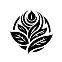 An elegant, symmetrical black and white botanical illustration featuring stylized leaves and a central floral element, within a circular composition. vector