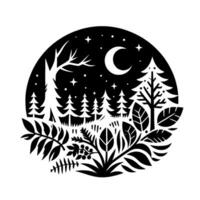 Stylized black and white forest scene inside a circular frame featuring a crescent moon and stars, creating a whimsical and serene nighttime atmosphere. vector