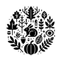 Stylized Monochrome Autumnal Composition Bunny, Pumpkin, and Leaf Elements in a Circular Arrangement. vector