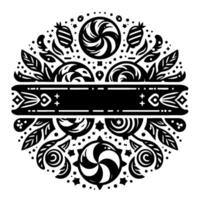 Intricate Black and White Circular Featuring Candies, Foliage, and a Central Bar for Text, in a Decorative Ornamental Style. vector