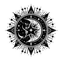 Intricate Celestial Emblem A Black and White Circular Featuring a Star, Crescent Moons, Starbursts, and a Cosmic Galaxy. vector