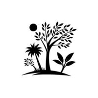 Stylized black and white illustration featuring an idyllic landscape with diverse tree silhouettes, sun and simple terrain on a clean white background. vector