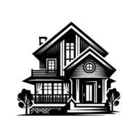 Black and white illustration of a classic twostory house with a porch, small trees, and a circular element above the front door. vector