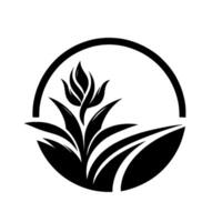 Simplified Black and White Floral A stylized, symmetrical botanical emblem featuring a flower and leaves encapsulated within a circular frame, set against a clean white background. vector